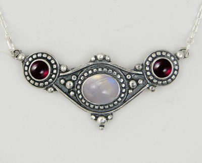 Sterling Silver Rainbow Moonstone And Garnet Necklace